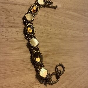 COOKIE LEE Amber Glass White Abalone Shell Goldtone Bracelet (A59)